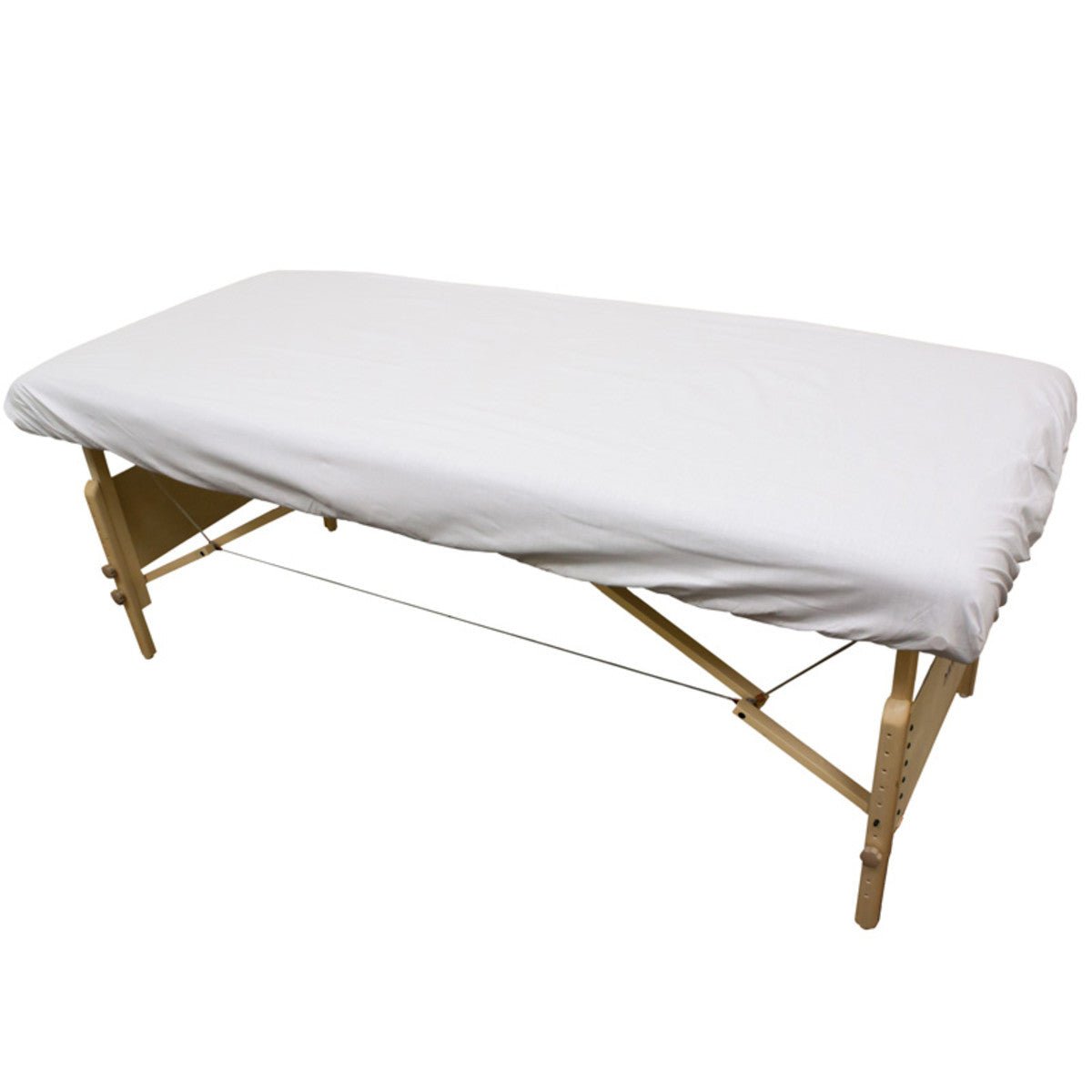 White polyester cotton fitted sheet shown on a portable massage table | Equip Wellness Collective