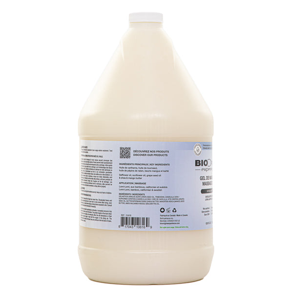 Side view of a 4 litre jug of Silky Massage Gel showing the ingredients listed on the label