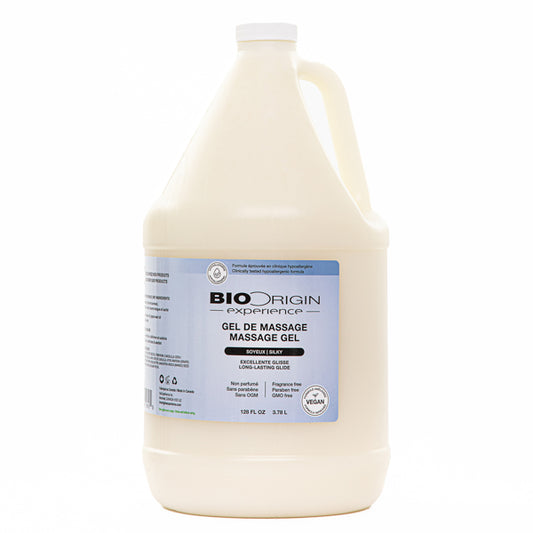 4 litre jug of Silky Massage Gel made by BioOrigin  has a blue label 