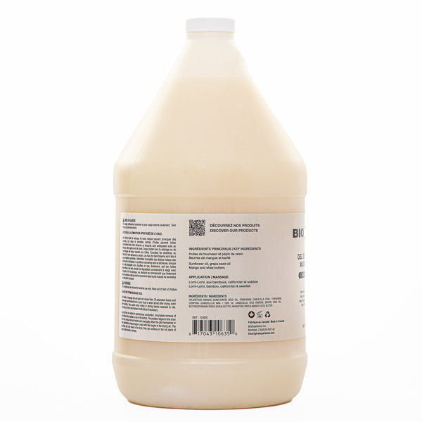 side view of a 4 litre jug showing the ingredieants listed in the 100% natural massage gel made by BioOrigin 